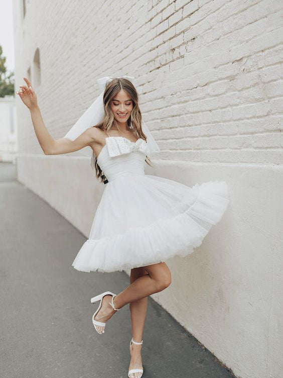 Spaghetti Mini Wedding Dresses With Cute Bow, Fluffy Mini Bridal Gown, –  ClaireBridal