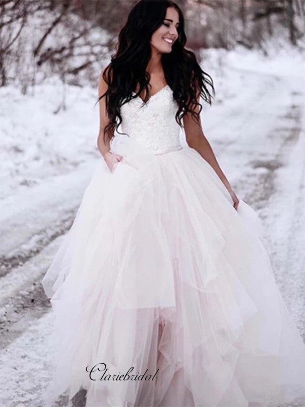 A line Unique Tulle Wedding Dresses Lace Fluffy Wedding Dresses