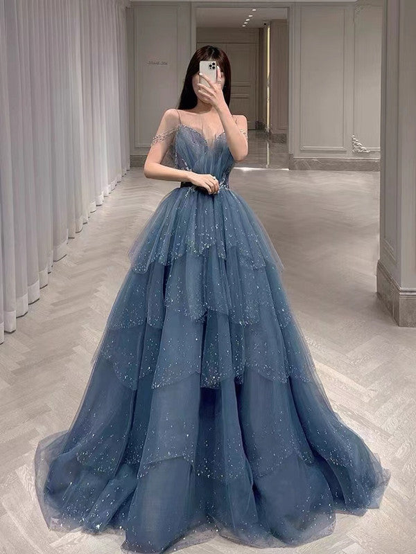 cantante Adjuntar a Manifiesto Dusty Blue Fluffy Ruffled Beaded Prom Dresses, Princess Prom Dresses, –  ClaireBridal