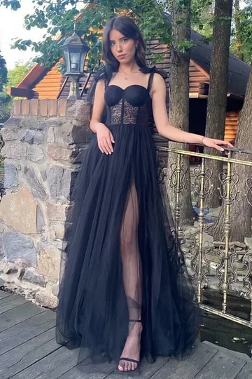 Black A-line Tulle Prom Dresses, Sweetheart Bridesmaid Dresses, Lace Tulle Newest Long Prom Dresses
