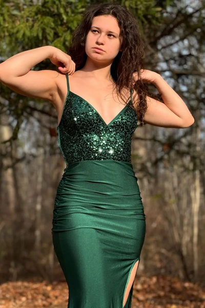 V-neck Sequins Bridesmaid Dresses, Side Slit Newest Long Prom Dresses, Mermaid Wedding Guest Dresses