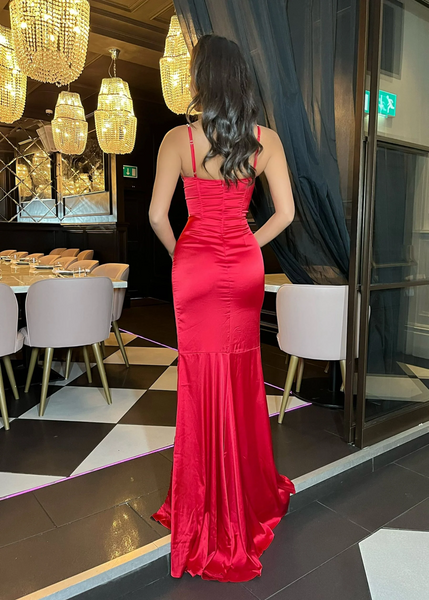 Split Satin Newest 2025 Long Prom Dresses, Mermaid Evening Party Dresses, Spaghetti Straps Fashion Bridesmaid Dresses
