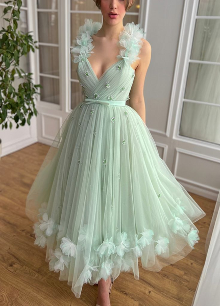 A-line Mint Newest Long Prom Dresses, Deep V-neck Girl Party Dresses, Wedding Guest Dresses