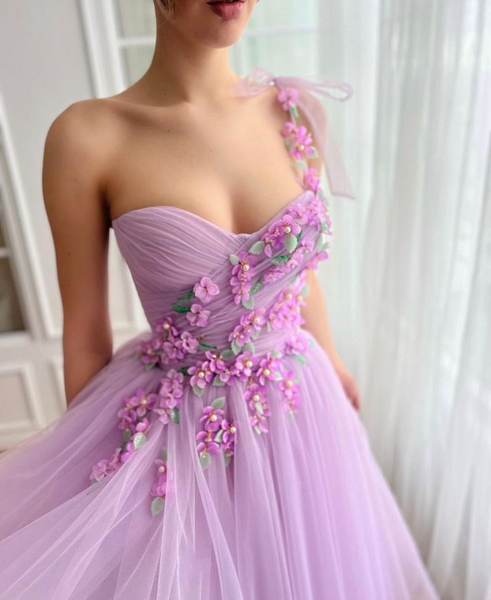 One Shoulder 2025 Appliques Girl Party Dresses, Elegant A-line Tulle Newest Long Prom Dresses