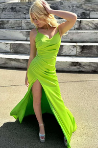 Spaghetti Straps V-neck Newest Long Prom Dresses, 2025 Side Slit Mermaid Bridesmaid Dresses