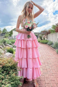 A-line Tiered Newest Long Prom Dresses, Straps Puffy Girl Party Dresses, Pink Bridesmaid Dresses