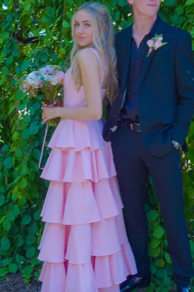 A-line Tiered Newest Long Prom Dresses, Straps Puffy Girl Party Dresses, Pink Bridesmaid Dresses