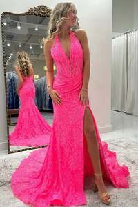 Pink Halter V-neck Graduation Party Dresses, Lace Mermaid Newest Long Prom Dresses
