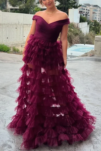 A-line Off Shoulder Tulle Prom Dresses, V-neck Ruffles Newest Long Prom Dresses