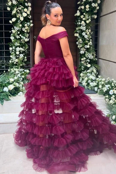 A-line Off Shoulder Tulle Prom Dresses, V-neck Ruffles Newest Long Prom Dresses
