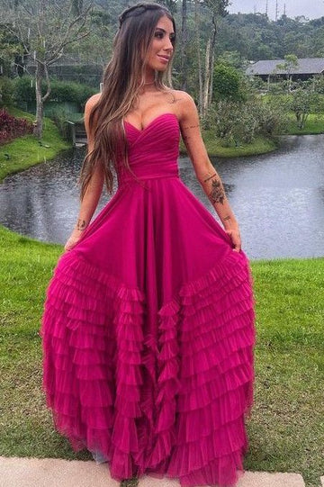 Sweetheart Empire Waist Newest Long Prom Dresses, Strapless Ruffles Formal Party Dresses