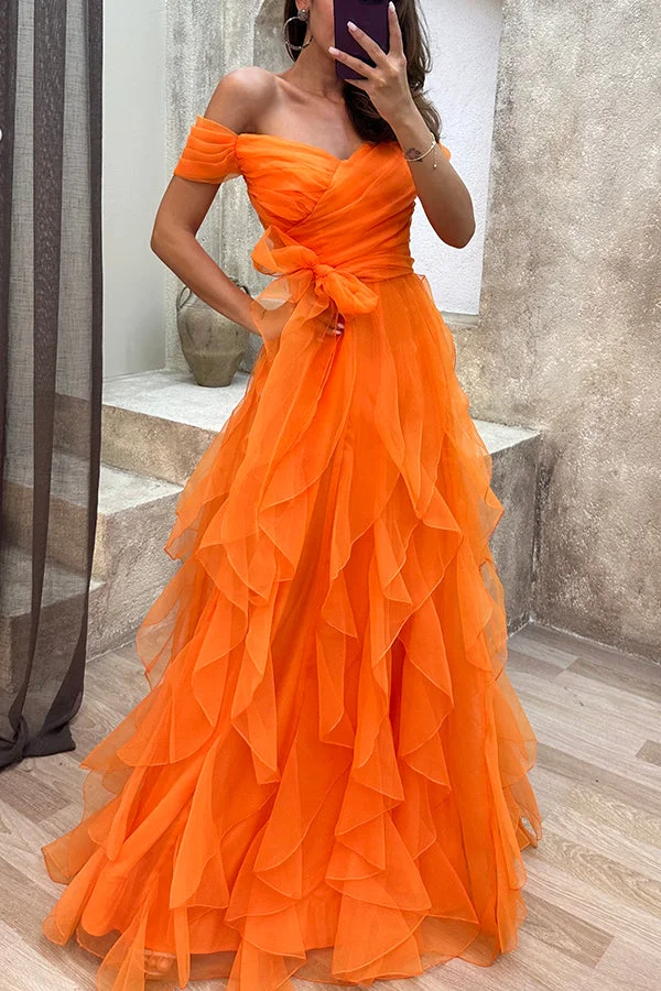 Orange Color Newest Long Prom Dresses, Off The Shoulder 2025 Girl Party Prom Dresses
