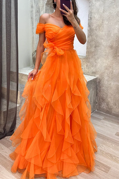 Orange Color Newest Long Prom Dresses, Off The Shoulder 2025 Girl Party Prom Dresses
