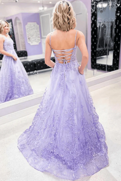 Spaghetti Straps A-line Wedding Guest Dresses, Appliques Elegant Newest Long Prom Dresses