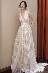 Plunge A-line Lace Wedding Dresses, Halter Classic Wedding Gown, Bridal Gown, Newest Wedding Dresses