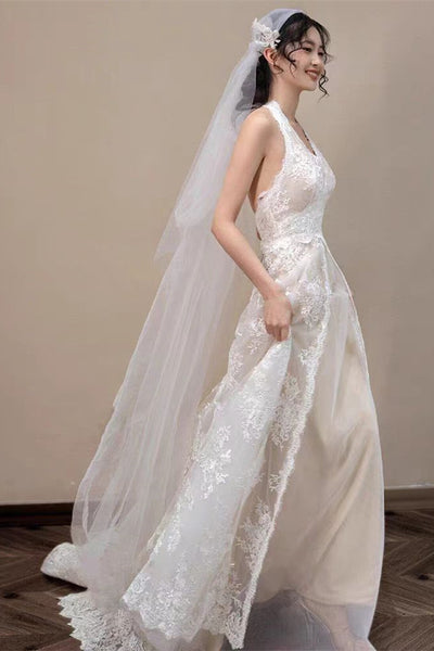 Plunge A-line Lace Wedding Dresses, Halter Classic Wedding Gown, Bridal Gown, Newest Wedding Dresses