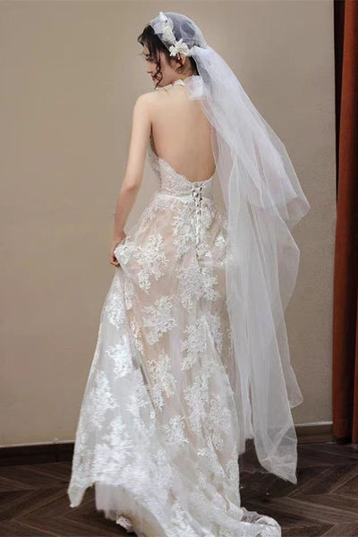 Plunge A-line Lace Wedding Dresses, Halter Classic Wedding Gown, Bridal Gown, Newest Wedding Dresses