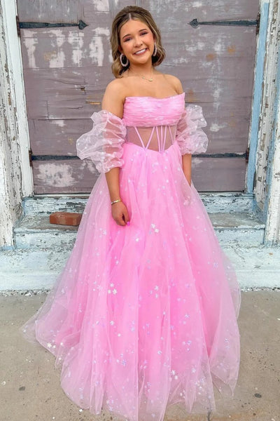 Bubble Sleeves Fashion Girl Party Dresses, A-line 2025 Newest Long Prom Dresses, Holiday Dresses