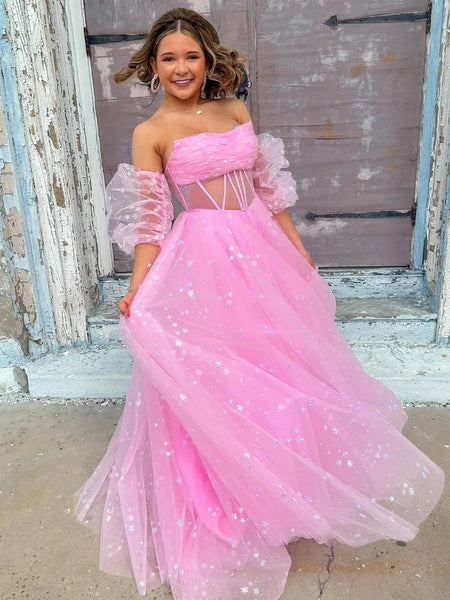 Bubble Sleeves Fashion Girl Party Dresses, A-line 2025 Newest Long Prom Dresses, Holiday Dresses