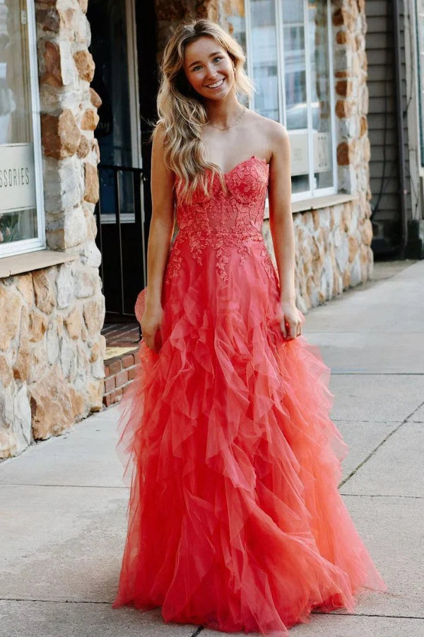 Strapless Puffy Newest Long Prom Dresses, 2025 Sweetheart Lace Bridesmaid Dresses
