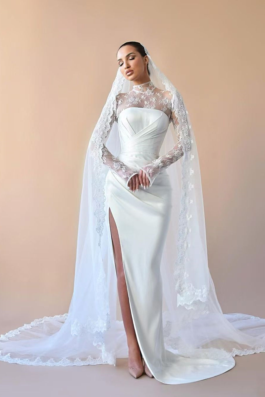 High Neck Lace Satin Sheath Wedding Dresses, High Slit Briidal Gown, Unique Wedding Dresses