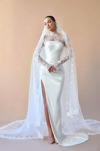 High Neck Lace Satin Sheath Wedding Dresses, High Slit Briidal Gown, Unique Wedding Dresses