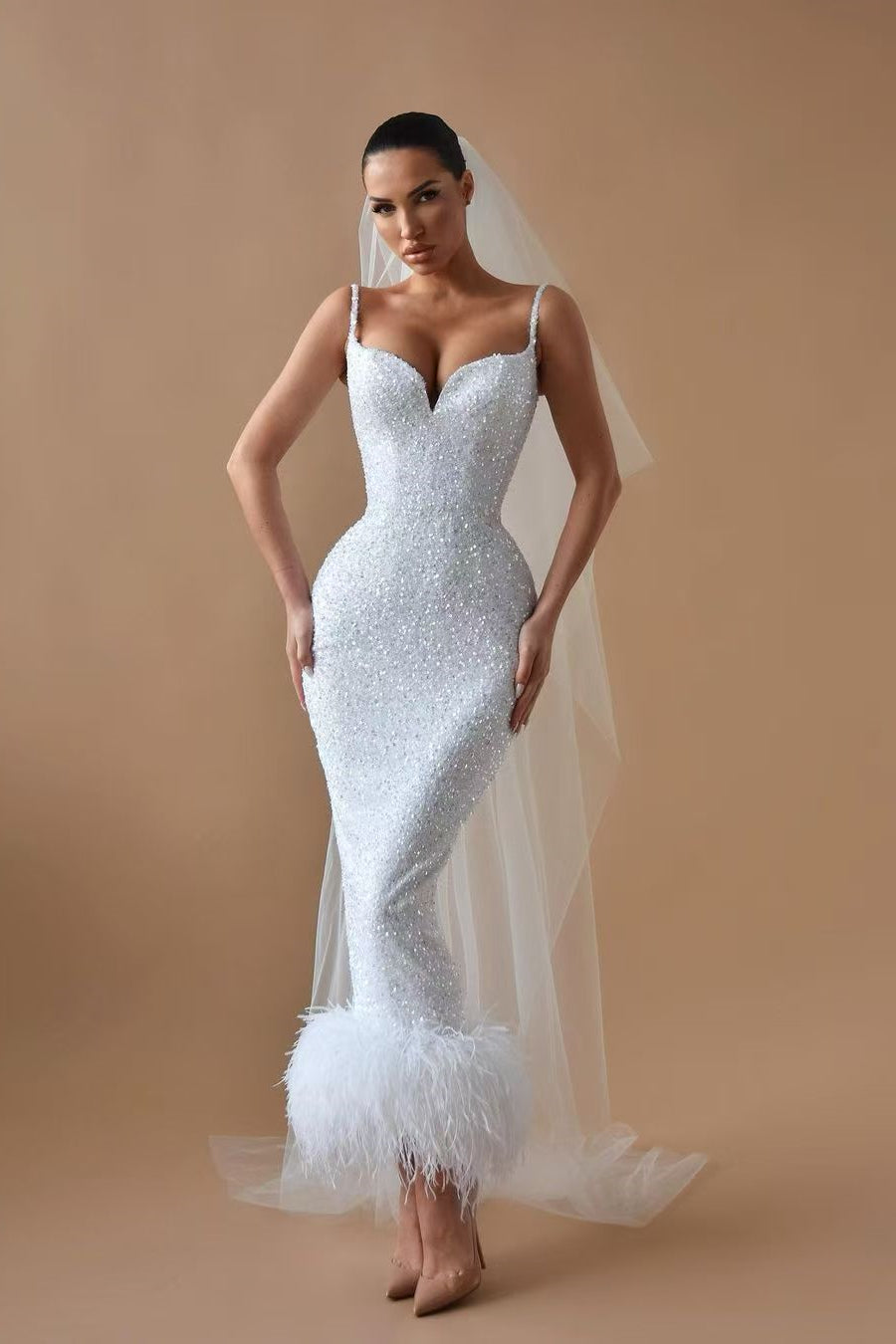 Spaghetti Long Mermaid Sequin Beaded Wedding Dresses WIth Feather, Chic Wedding Dresses, Long Prom Dresses