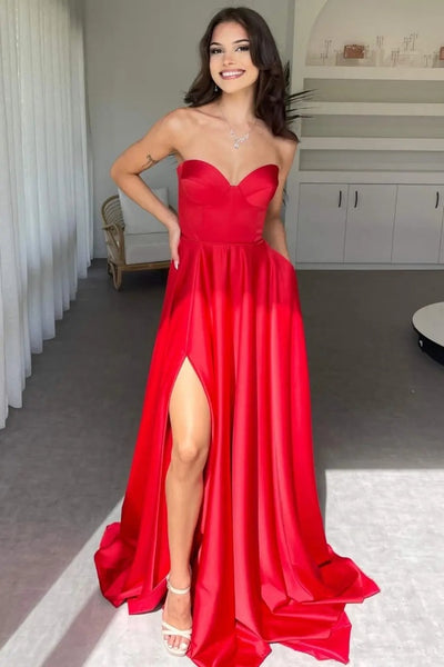 Sweetheart Simple Newest Long Prom Dresses, Side Slit Bridesmaid Dresses, Evening Party Dresses