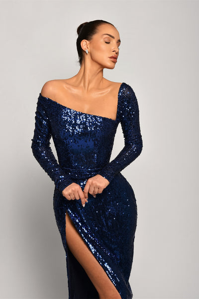 Long Sleeves Sequin Fitted Long Prom Dresses, High Slit Prom Dresses, Wedding Guest Dresses, Long Bridesmaid Dresses
