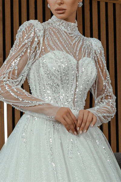 High Neck Sequin Tulle Wedding Dresses, A-line Bridal Gown, Shiny Wedding Dresses