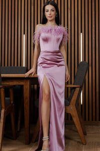 Pink Sheath Prom Dresses With Feather Neckline, High Side Slit Prom Dresses, Wedding Guest Dresses, Long Bridesmaid Dresses