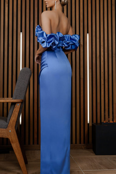 Ruffled Sleeves Sheath Satin Prom Dresses With High Slit, Newest Prom Dresses, Long Bridesmaid Dresses