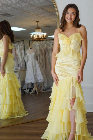 Spaghetti Yellow Mermaid Ruffles Prom Dresses, Lovely Graduation Party Dresses, Sweet 16 Dresses, Long Prom Dresses