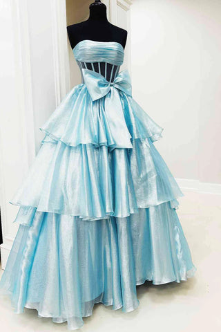 Strapless A-line Shimmering Layers Cake Dresses With Bow , Princess Dresses, Newest Long Prom Dresses