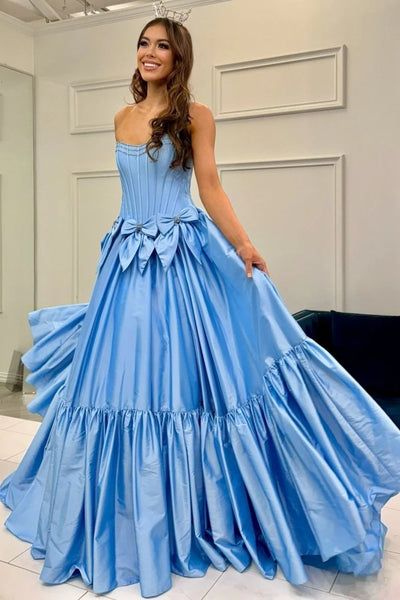 Strapless Long A-line Blue Satin Ruffles Prom Dresses WIth Bows, Lovely Princess Prom Dresses