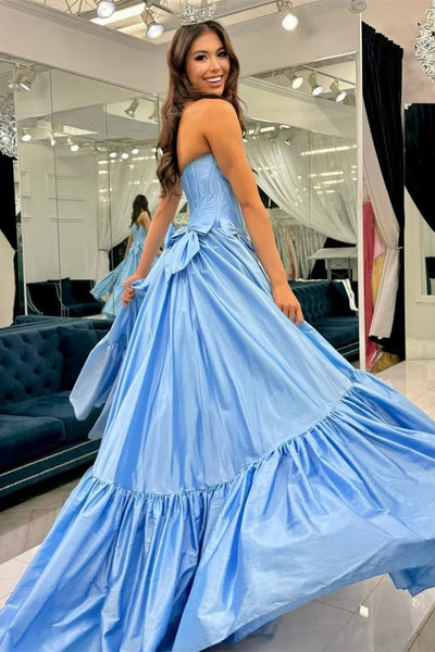 Strapless Long A-line Blue Satin Ruffles Prom Dresses WIth Bows, Lovely Princess Prom Dresses