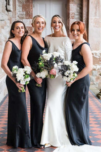 Black Long Sheath Elastic Satin Prom Dresses, Long Bridesmaid Dresses, Wedding Guest Dresses