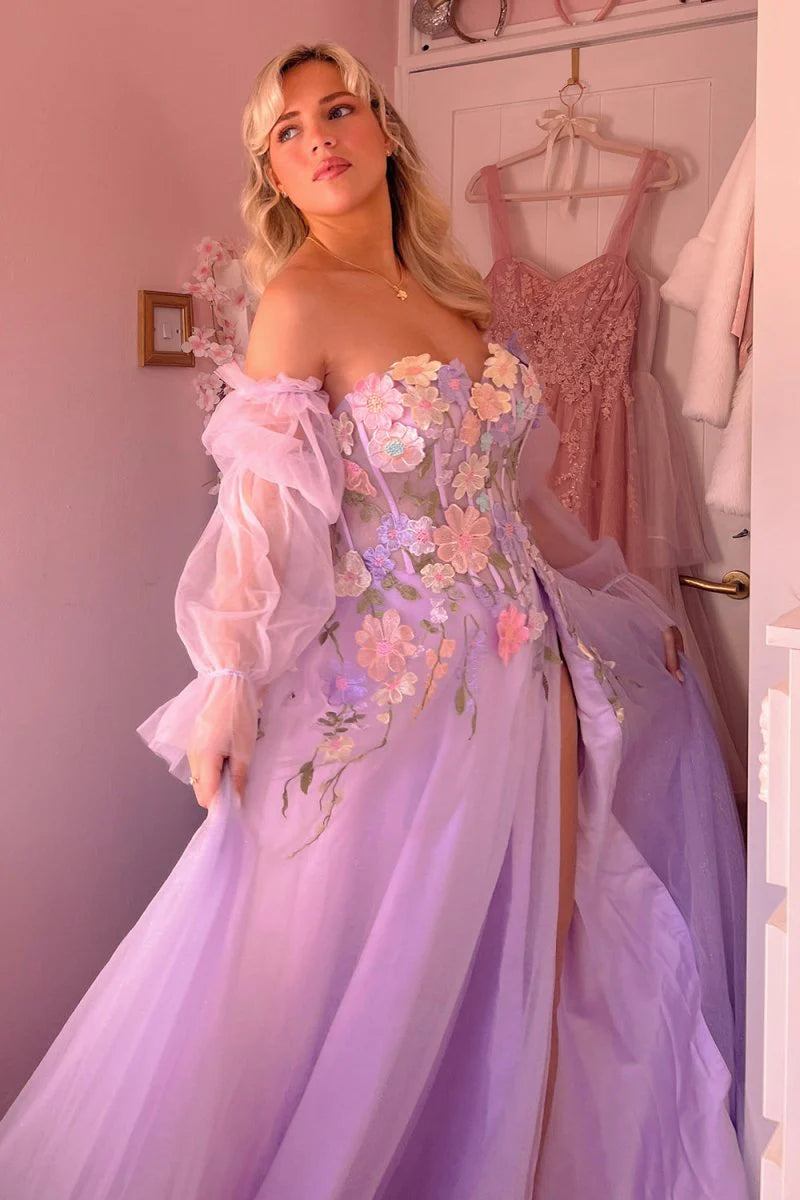 Sweetheart A-line Lilac Floral Prom Dresses With Detachable Sleeves, Side Slit Prom Dresses, Newest Prom Dresses
