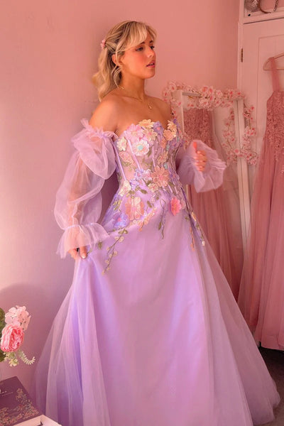Sweetheart A-line Lilac Floral Prom Dresses With Detachable Sleeves, Side Slit Prom Dresses, Newest Prom Dresses