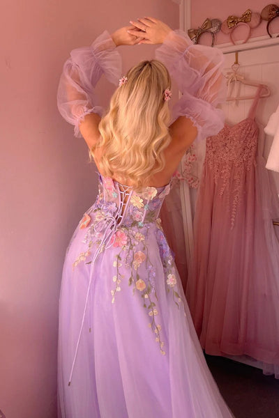 Sweetheart A-line Lilac Floral Prom Dresses With Detachable Sleeves, Side Slit Prom Dresses, Newest Prom Dresses