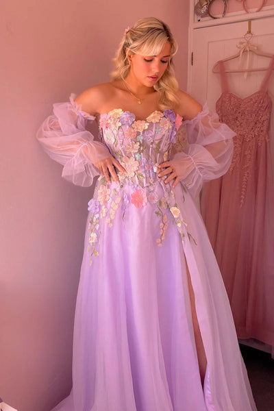 Sweetheart A-line Lilac Floral Prom Dresses With Detachable Sleeves, Side Slit Prom Dresses, Newest Prom Dresses