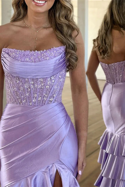 Strapless Lilac Long Mermaid Soft Satin Layers Prom Dresses, Beaded Prom Dresses, Newest Prom Dresses
