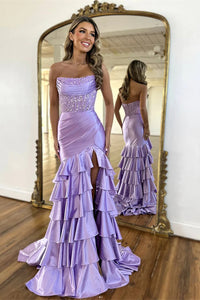 Strapless Lilac Long Mermaid Soft Satin Layers Prom Dresses, Beaded Prom Dresses, Newest Prom Dresses