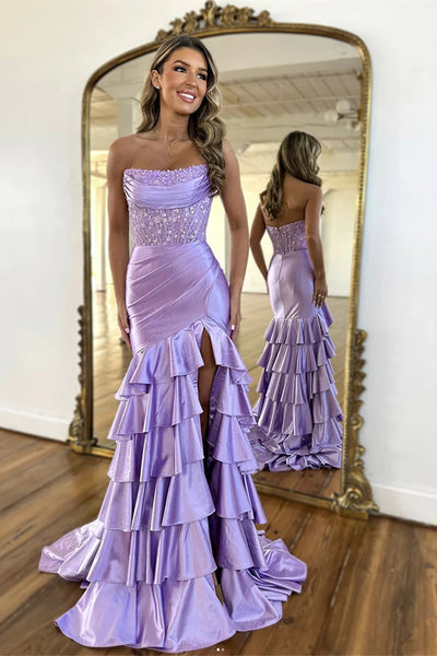 Strapless Lilac Long Mermaid Soft Satin Layers Prom Dresses, Beaded Prom Dresses, Newest Prom Dresses