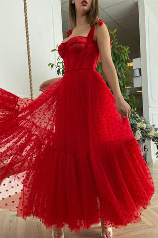 Corset Straps A-line Red Dots  Midi Dresses, Long Prom Dresses, Holiday Dresses, Party Dancing Dresses