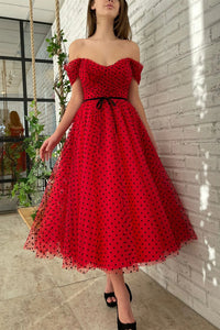 Red Off the Shoulder Dotted Midi Dresses With Belt, Cute Party Dancing Dresses, Newest Prom Dresses