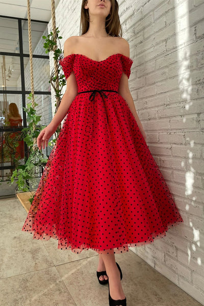 Red Off the Shoulder Dotted Midi Dresses With Belt, Cute Party Dancing Dresses, Newest Prom Dresses