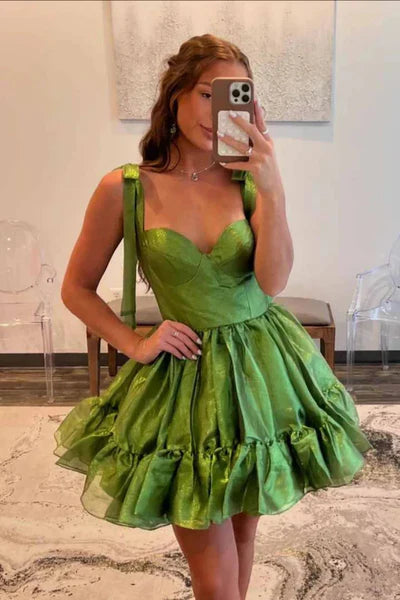 Short Sweetheart Green Mini Dresses With Ruffles, Short Prom Dresses, Homecoming Dresses