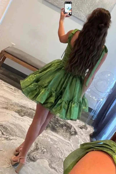 Short Sweetheart Green Mini Dresses With Ruffles, Short Prom Dresses, Homecoming Dresses