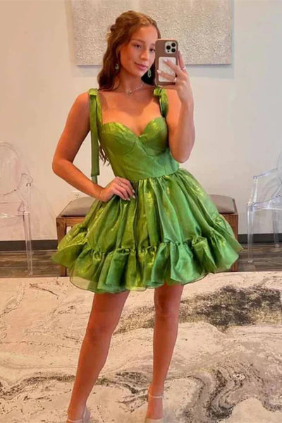 Short Sweetheart Green Mini Dresses With Ruffles, Short Prom Dresses, Homecoming Dresses
